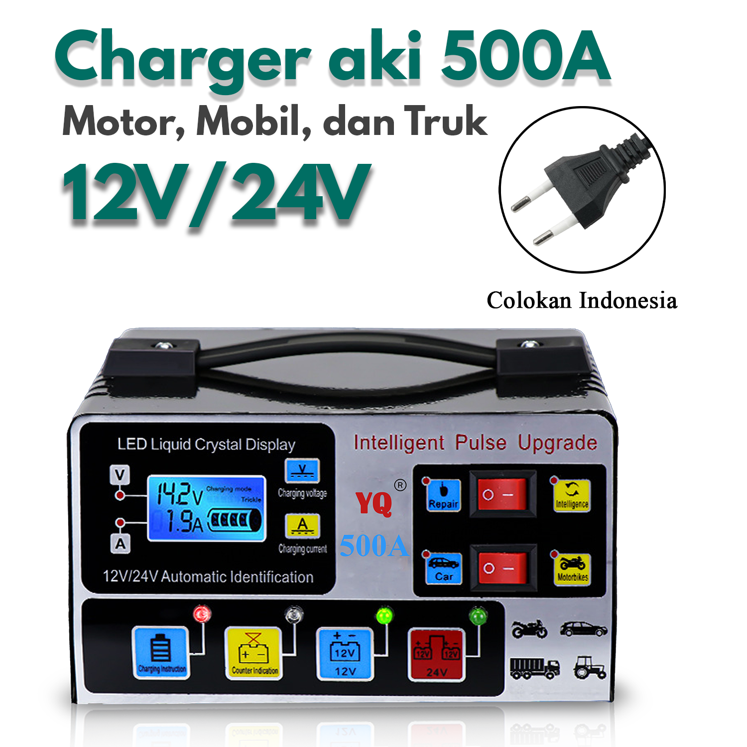 Charger Aki Otomatis 12V 24V 500A Aki Mobil Motor Kapal Truk Fast Charging Alat Cas Casan Aki logo
