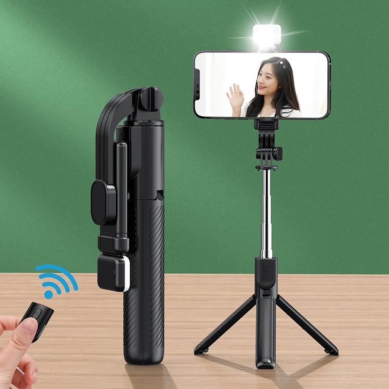 tongsis tripod led 4 in 1 remote bluetooth selfie stick with led logo