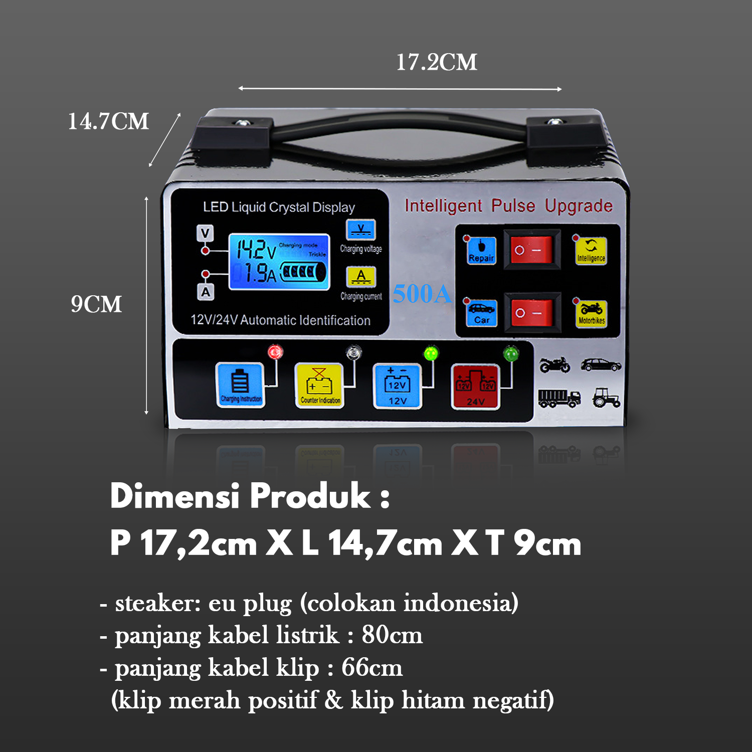 Charger Aki Otomatis 12V 24V 500A Aki Mobil Motor Kapal Truk Fast Charging Alat Cas Casan Aki