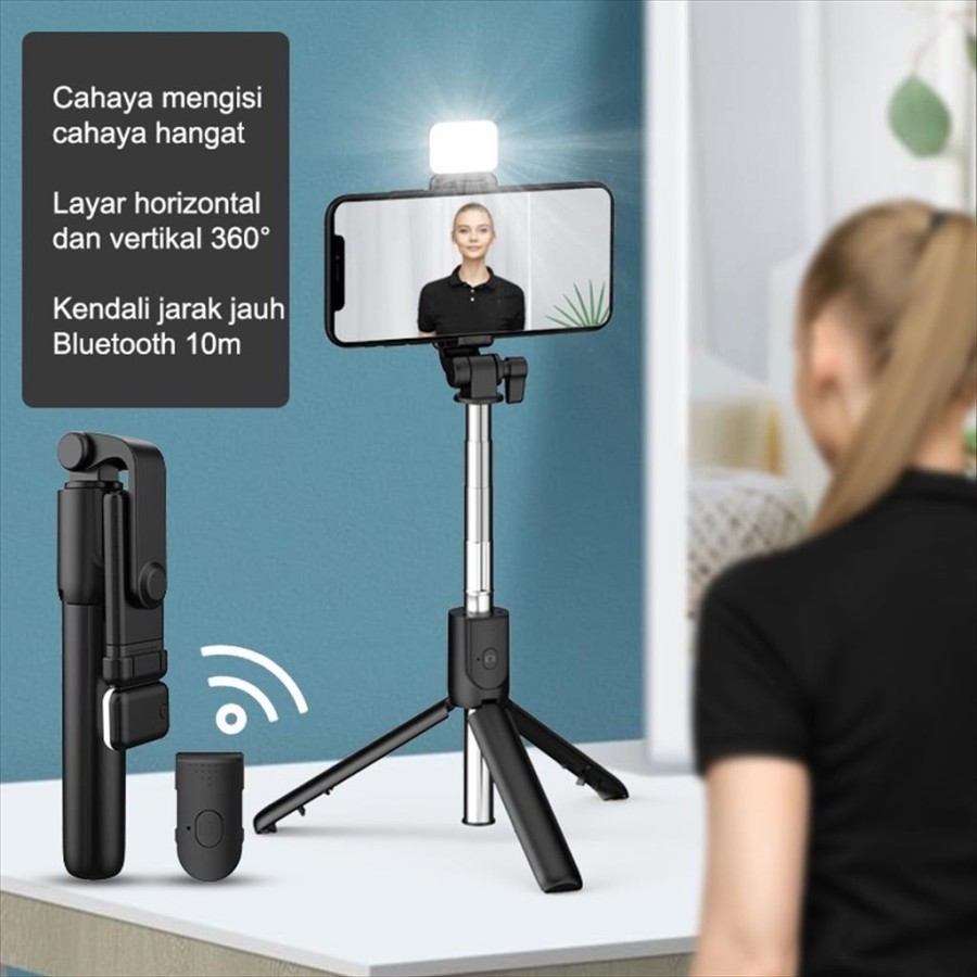 tongsis tripod led 4 in 1 remote bluetooth selfie stick with led