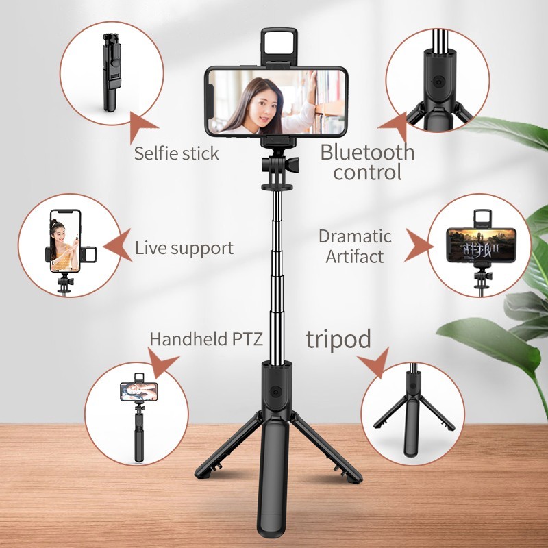 tongsis tripod led 4 in 1 remote bluetooth selfie stick with led