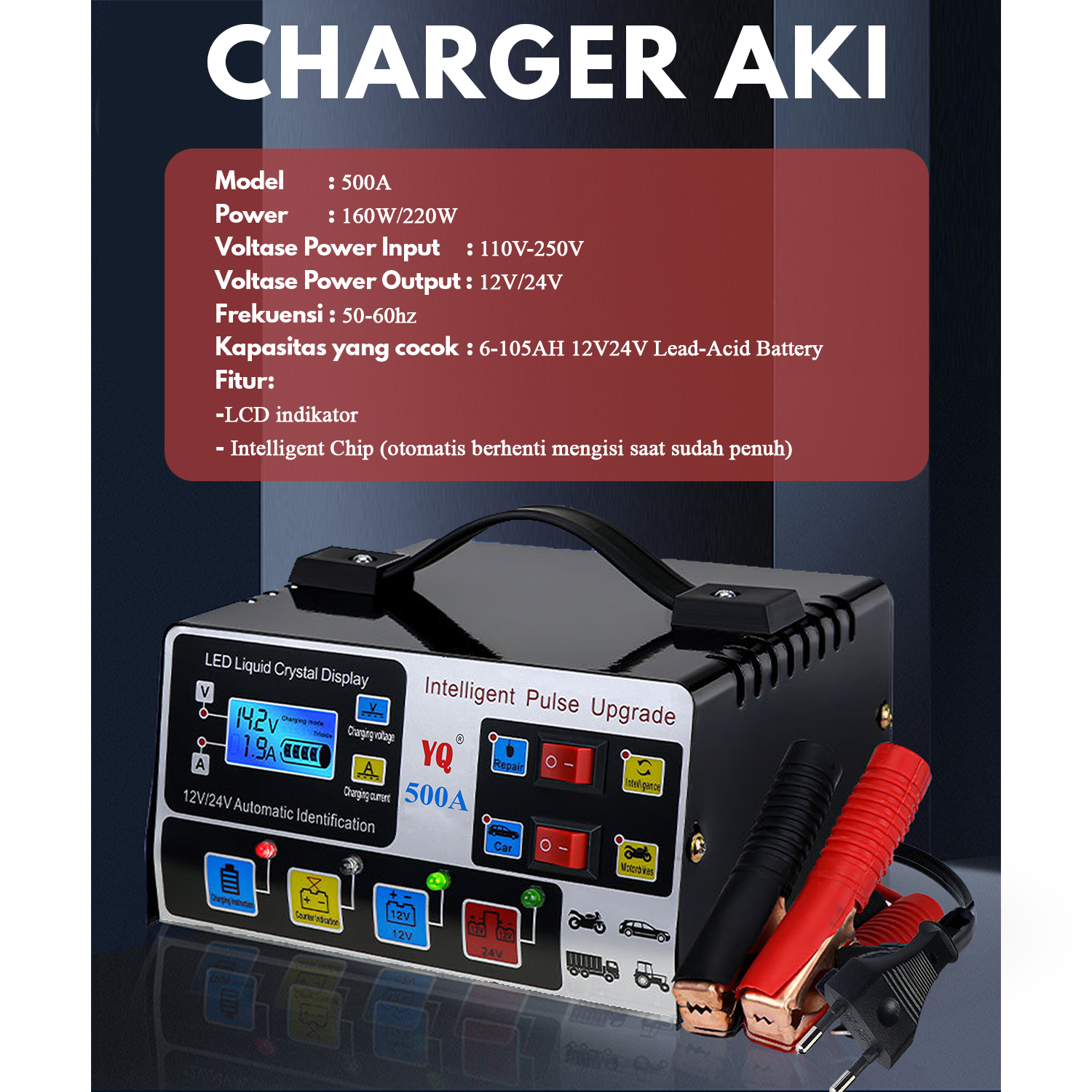 Charger Aki Otomatis 12V 24V 500A Aki Mobil Motor Kapal Truk Fast Charging Alat Cas Casan Aki